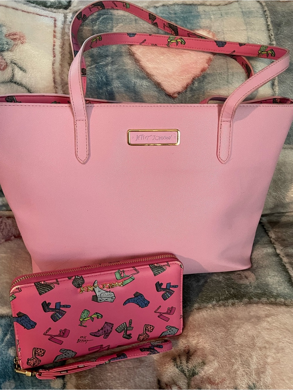 Betsey Johnson Faux Leather Tote and Matching Shoe Print Wristlet (Set)